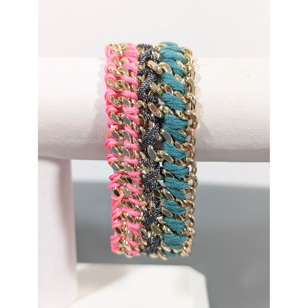 Y2K Gold‎ Tone Chain Bracelet Pink Green Woven Cord Wide Bracelet 8"